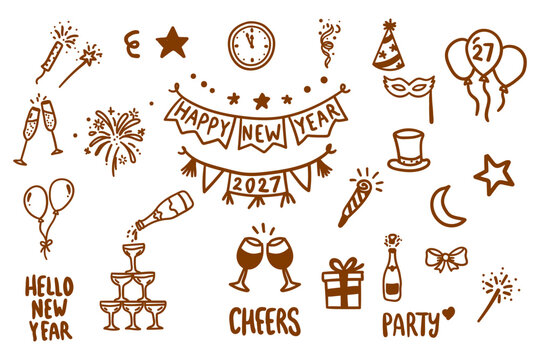 New year 2027 hand drawn doodle set with champagne, fireworks, balloons and party decorations