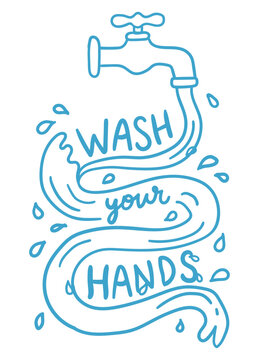 Wash your hands lettering with water faucet and flowing water stream