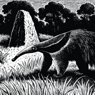 A striking black and white vector illustration of a giant anteater walking with its distinctive long snout and bushy tail, perfect for educational and wildlife content