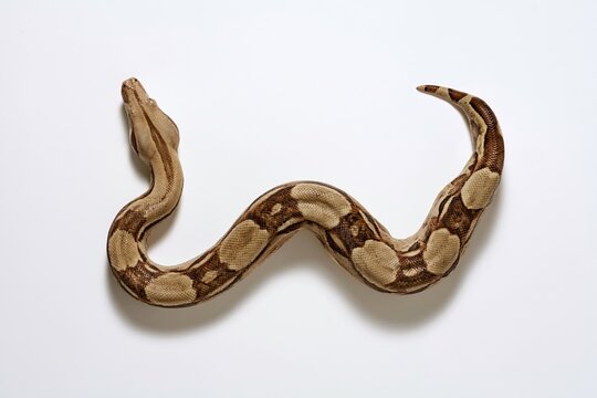 Brown and tan patterned snake coiled on white