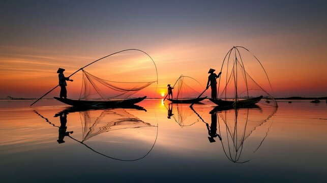 Fishermen cast nets from boats on a calm body of water at sunset.