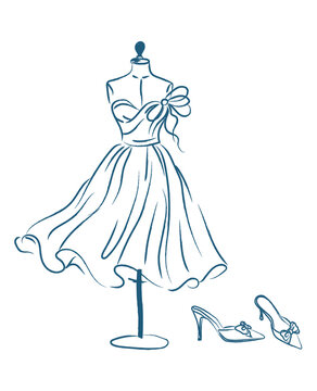 Fashion sketch of a vintage style dress on a mannequin with matching high heel shoes