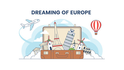Naklejka premium Travel advertising banner featuring a suitcase filled with iconic European landmarks under flight message.