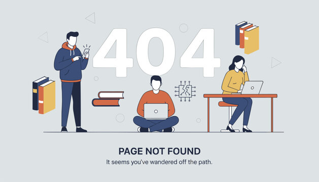 Creative website 404 error page template featuring people with laptops and books under page not found message.