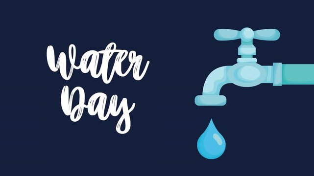 World water day animation with tap and falling drop on dark blue background with white lettering.