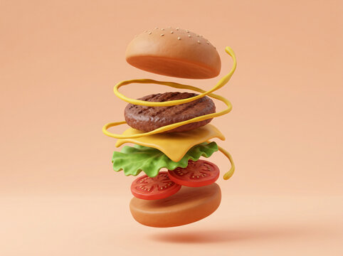 3D render of a floating hamburger with ingredients separated on a pastel background.