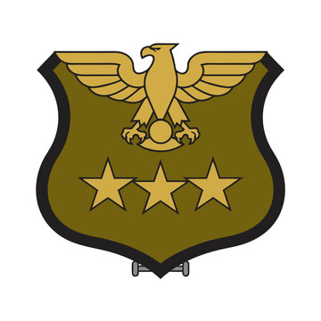 Military eagle shield emblem, olive drab heraldic crest with three stars, tactical army patch vector illustration
