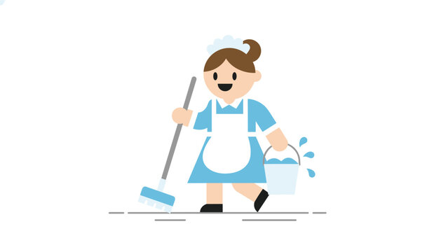 Cute cartoon maid in blue dress and white apron happily sweeping with a broom while carrying a bucket of water.