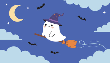 Naklejka premium Cute cartoon Halloween ghost wearing a witch hat and flying on a magic broomstick in the starry night sky with bats.