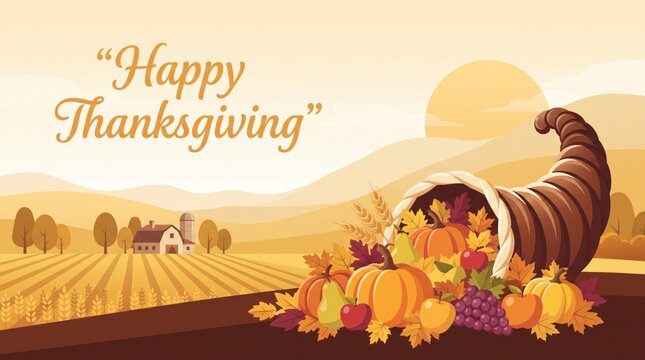 A festive happy thanksgiving greeting card illustration featuring a harvest cornucopia on a rural farm landscape background design