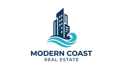 Fototapeta premium Modern coast real estate logo with urban skyscrapers and ocean waves design concept