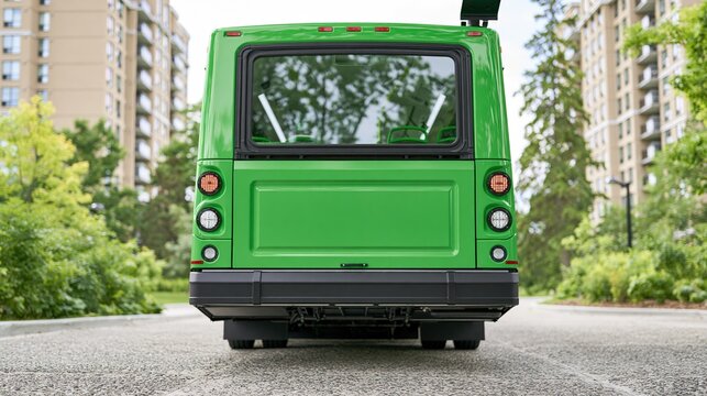 Rear view of a green electric shuttle bus