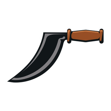 Traditional curved dagger vector illustration, ancient oriental blade with wooden handle, sharp ethnic knife icon for gaming and history