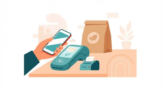 A hand holds a smartphone while making a payment at a food delivery location. A takeout bag and receipt printer are nearby.
