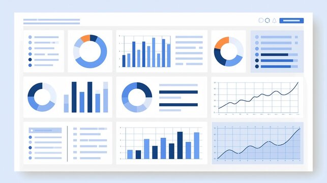 Digital dashboard displaying various business analytics charts and