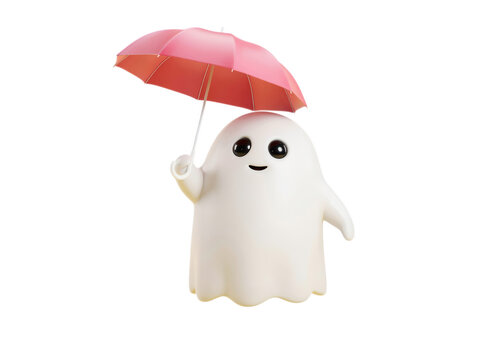 Cute 3D ghost character holding a pink umbrella