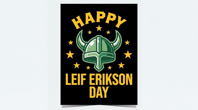 Viking helmet graphic emblem celebrates happy Leif Erikson day against a dark background