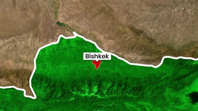 Bishkek city area highlighted on the Kyrgyzstan map animated motion footage
