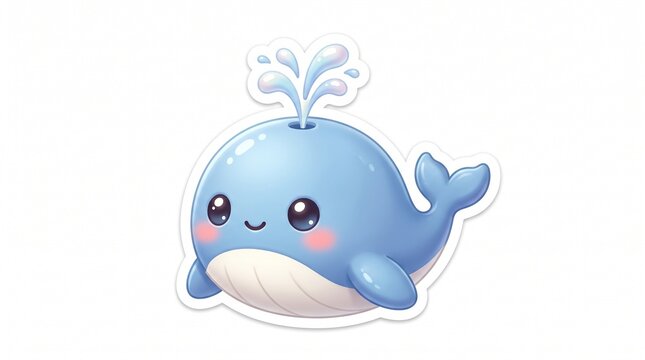 Cute cartoon blue whale spouting water isolated sticker illustration