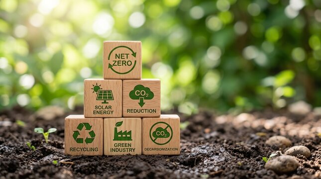 net zero and carbon neutral concept net zero emissions target Long-term, climate-neutral strategy with a wooden block on the green icon in the center of the net and a green icon on the background