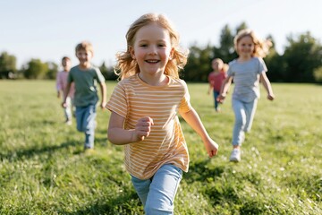 Fototapeta premium Happy children running on green grass in park outdoor recreation