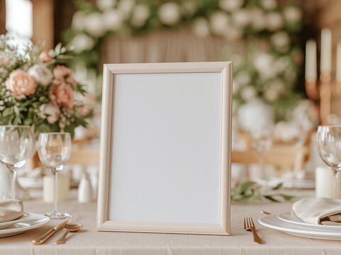 Empty picture frame on elegant wedding table setting