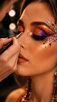 Woman applying colorful eye makeup for a costume party  