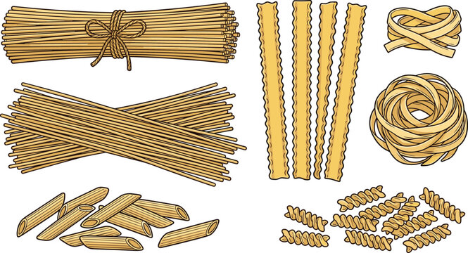 Hand Drawn Pasta Collection with Spaghetti, Tagliatelle, Lasagna, Penne, Fusilli, and Ribbon Pasta Illustrations for Italian Food and Packaging Designs