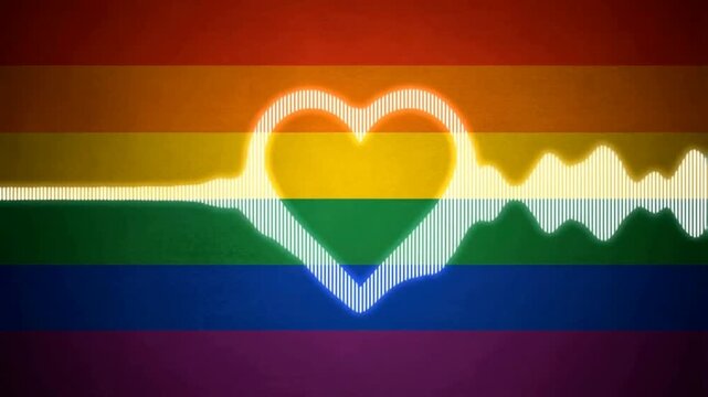 A glowing white audio soundwave featuring a central heart shape pulsing over a colorful rainbow pride flag background.
