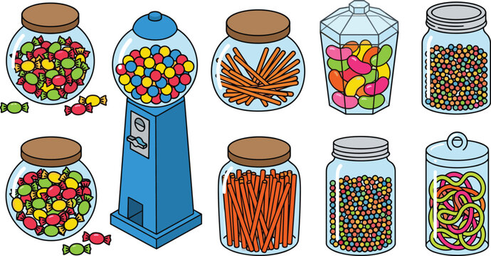 Vintage Candy Collection with Colorful Gumballs, Jelly Beans, Licorice, Lollipops, and Sweet Treats in Glass Jars for Packaging Designs