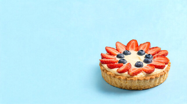 Beautiful fresh fruit tart, adorned with sliced strawberries and plump blueberries.