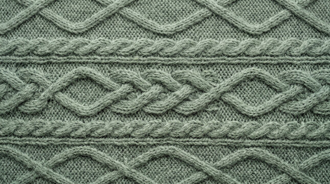 Close up of a green knitted fabric with intricate cable knit patterns and textured weaves during soft daylight
