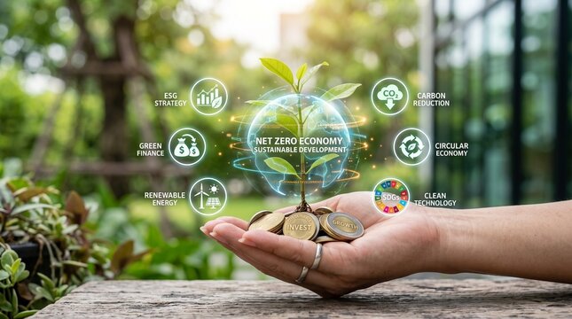  Hand holding digital earth globe with ESG smart icon around it on green natural leaf background. Business cooperation for a sustainable environment. ESG environment social governance concept