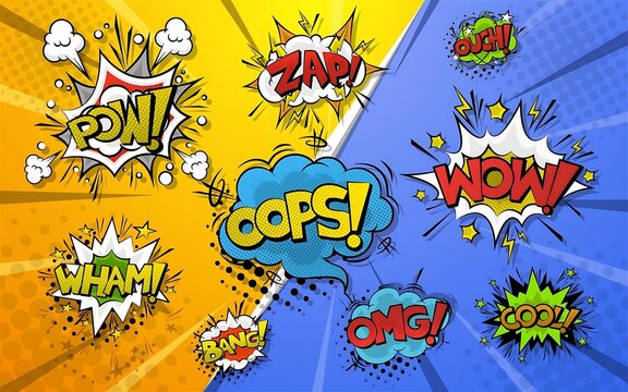 Set of colorful comic speech bubbles and sound effects vector background