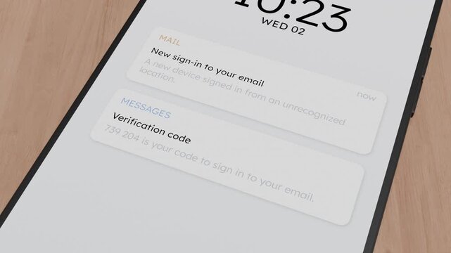 Generic 3D Smartphone lock screen filling with security alerts, hacked email and bank account takeover fraud, zoom out