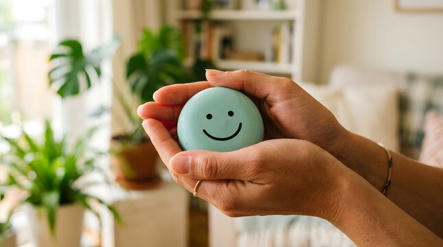A gentle hand carefully holds a light blue egg with a simple hand drawn smiling face on it indoors