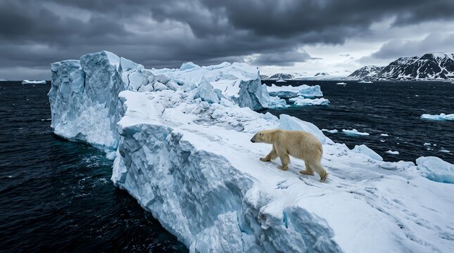 Polar Bear Walking on Iceberg in Arctic Ocean Under Dark Cloudy Sky