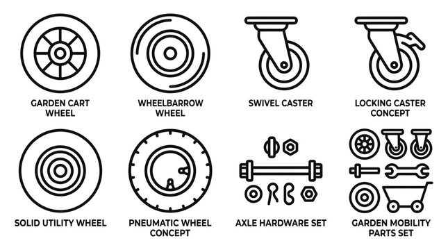 Caster wheels and hardware sets displaying utility mobility parts for industrial equipment.