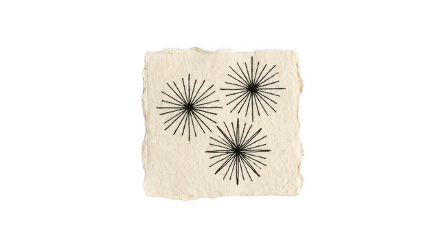 Handmade deckle edge paper with black starburst ink drawings isolated on transparent background