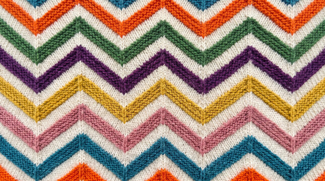 Colorful chevron knit fabric texture with vibrant zigzag pattern in bright daylight for textile design backgrounds