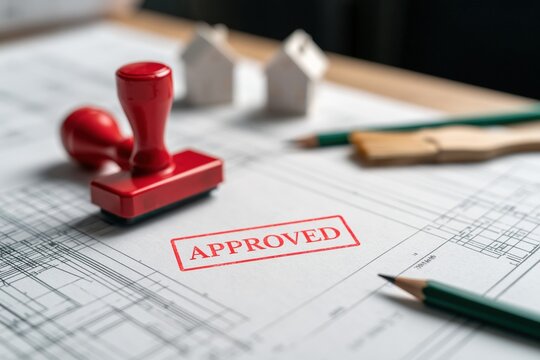 red stamp approved on architectural blueprint with model