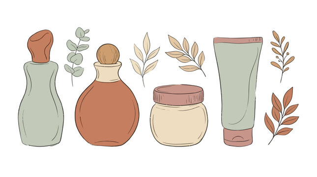 Boho skincare cosmetic set, organic beauty product vector, natural spa bottles and leaves