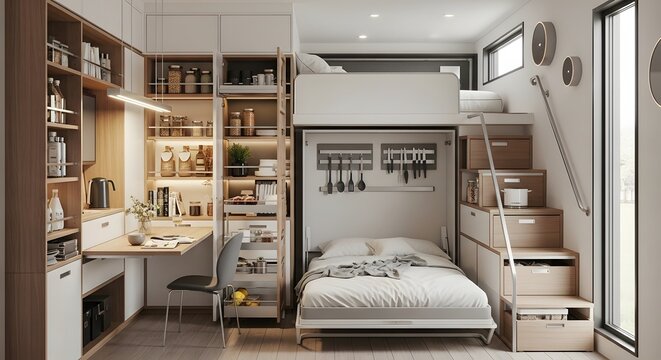 Tiny house interior with loft bed and fold-down desk