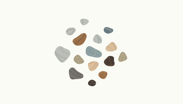 Top view vector illustration of colorful smooth pebbles scattered over a clean and minimalist white background.