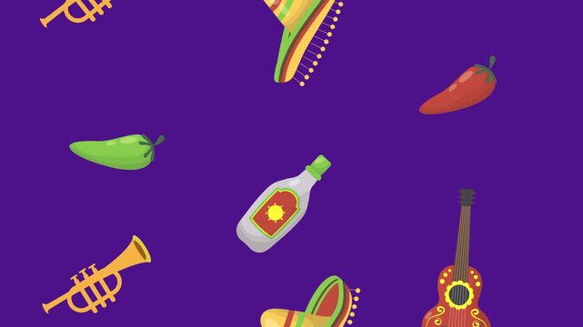 Mexican themed elements dynamically falling down on purple background, vibrant animated footage for holidays.