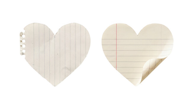 Set of two heart shaped lined notebook paper cutouts isolated on transparent background