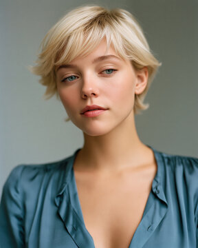 Portrait of a blonde woman with short hair