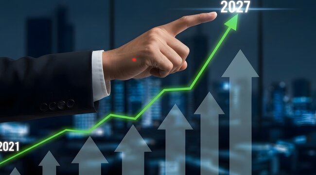 Businessman points at upward trending graph showing growth from 2021 to 2027
