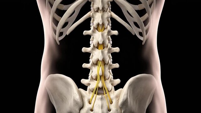 3D animation of human lumbar spine anatomy highlighting vertebrae bones and spinal nerves