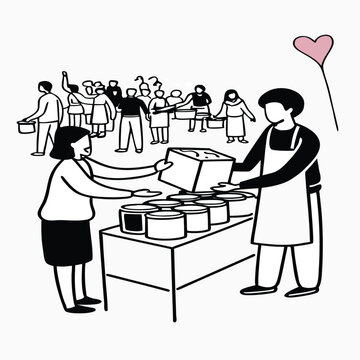 Volunteer Group Collecting Food Donations for Charity Vector Illustration